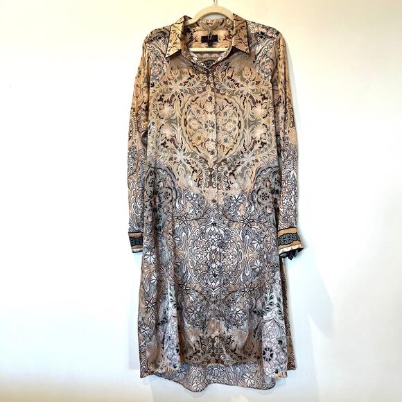 NWT Hale Bob Satin Silk Long Sleeve Collared Midi Shirt Dress Large - Picture 1 of 9